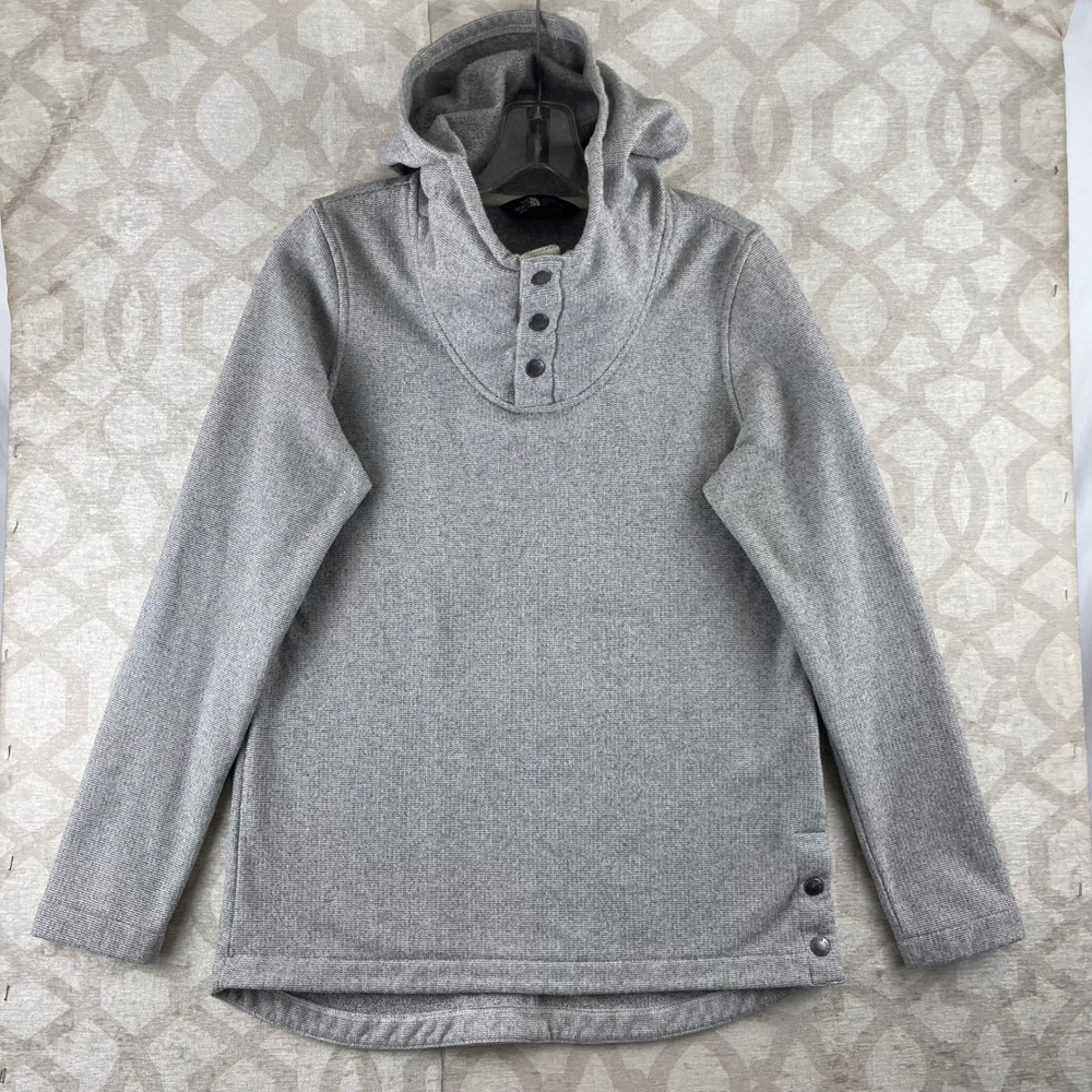The North Face Hooded‎ Pullover Womens Small Gray Fleece Sweater Knit Side Snap